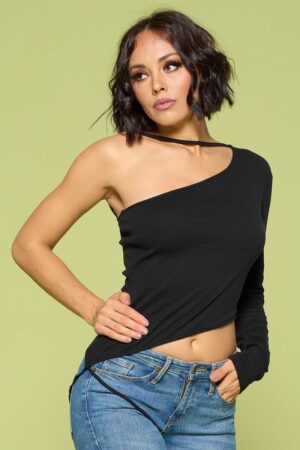 One-Shoulder Wrap Top with Asymmetrical Hem – Black