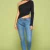 One-Shoulder Wrap Top with Asymmetrical Hem – Black
