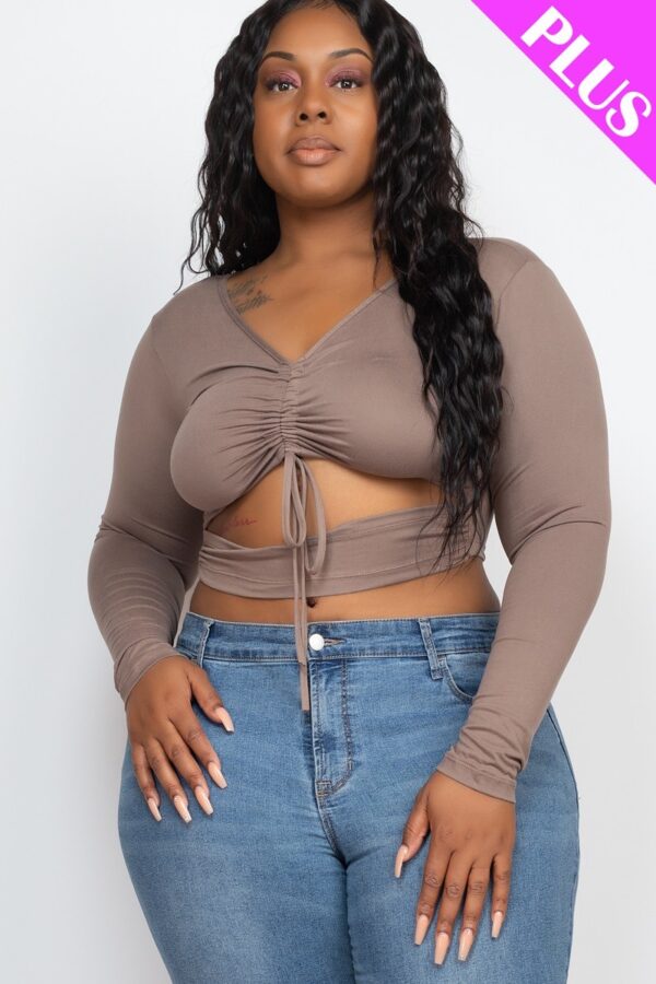 Plus Size Cutout Crop Top with Ruched Drawstring – Taupe