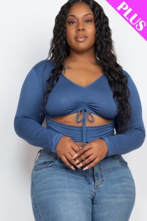 Plus-Size Ruched Drawstring Cutout Crop Top – Blue Haze