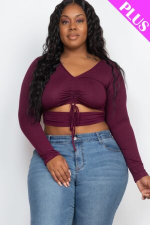 Plus Size Drawstring Ruched Cutout Crop Top – Burgundy