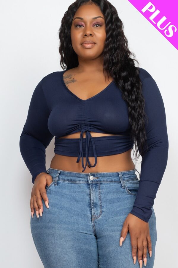 Plus Size Ruched Drawstring Cutout Crop Top – Navy