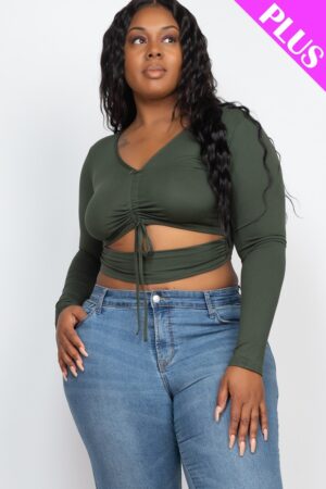 Plus Size Ruched Cutout Drawstring Crop Top – Olive