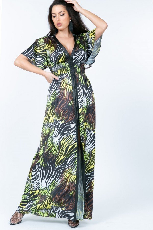 Zebra-Print Deep V Slit Maxi Dress – Black/Neon Mult