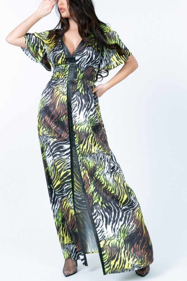 Zebra-Print Deep V Slit Maxi Dress – Black/Neon Mult