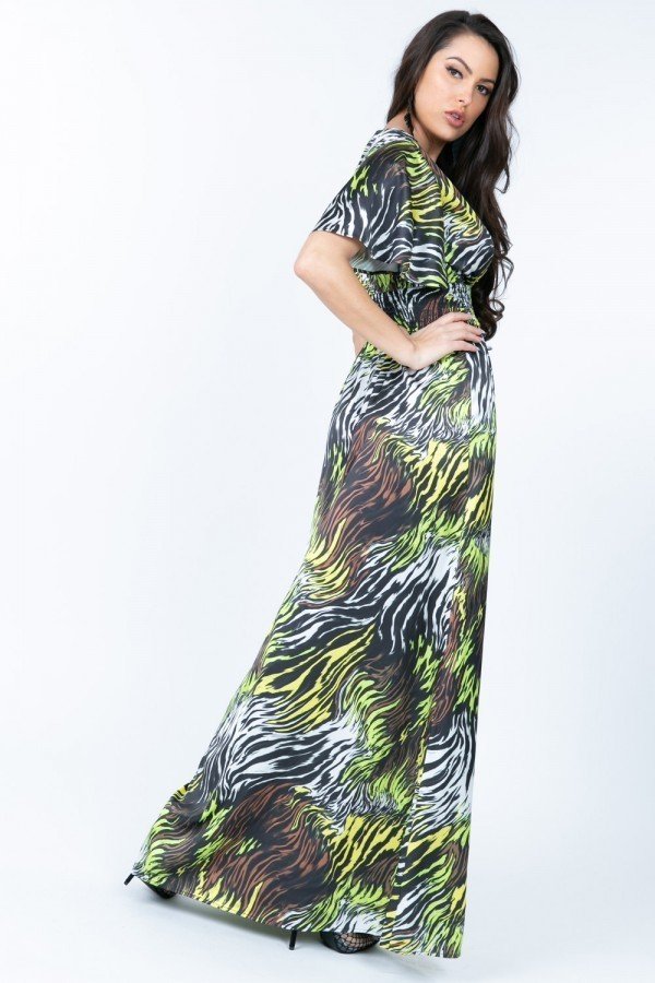Zebra-Print Deep V Slit Maxi Dress – Black/Neon Mult