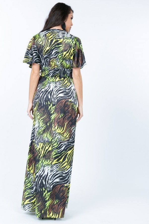 Zebra-Print Deep V Slit Maxi Dress – Black/Neon Mult