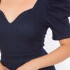 Denim Stretch Romper – Puff Sleeves & Tie-Back, Navy