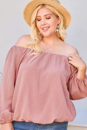 Plus-Size Off-Shoulder Plaid Top with Bubble Sleeves – Brick