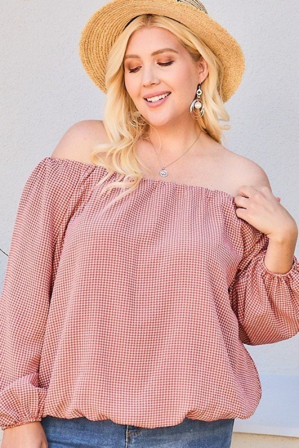 Plus-Size Off-Shoulder Plaid Top with Bubble Sleeves – Brick