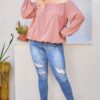 Plus-Size Off-Shoulder Plaid Top with Bubble Sleeves – Brick