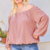 Plus-Size Off-Shoulder Plaid Top with Bubble Sleeves – Brick