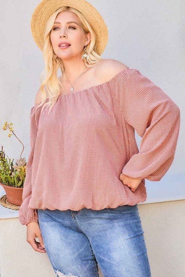 Plus-Size Off-Shoulder Plaid Top with Bubble Sleeves – Brick