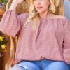 Plus-Size Off-Shoulder Plaid Top with Bubble Sleeves – Brick