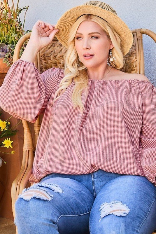 Plus-Size Off-Shoulder Plaid Top with Bubble Sleeves – Brick