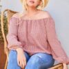 Plus-Size Off-Shoulder Plaid Top with Bubble Sleeves – Brick