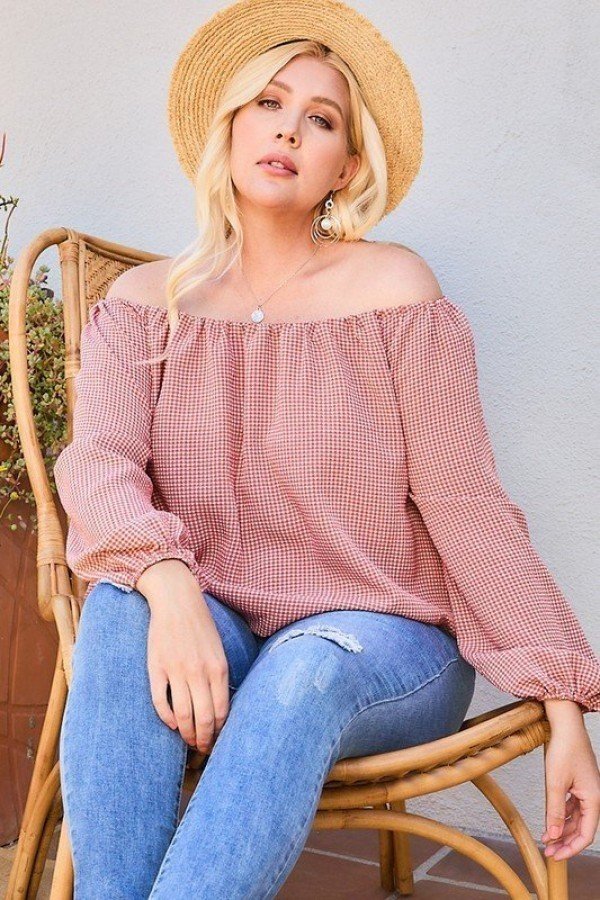 Plus-Size Off-Shoulder Plaid Top with Bubble Sleeves – Brick