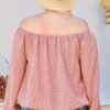 Plus-Size Off-Shoulder Plaid Top with Bubble Sleeves – Brick