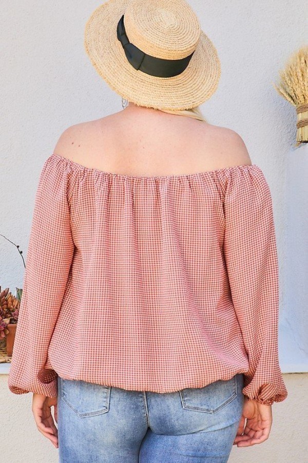 Plus-Size Off-Shoulder Plaid Top with Bubble Sleeves – Brick