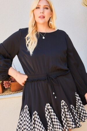 Plus Size Gingham Ruffle Romper with 3/4 Bubble Sleeves