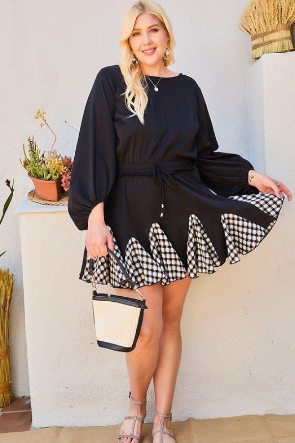 Plus Size Gingham Ruffle Romper with 3/4 Bubble Sleeves