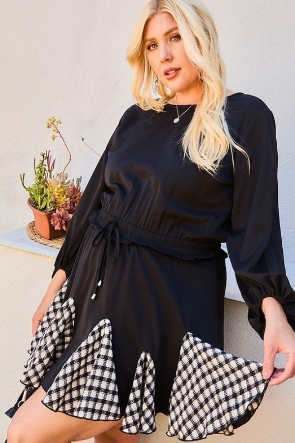 Plus Size Gingham Ruffle Romper with 3/4 Bubble Sleeves