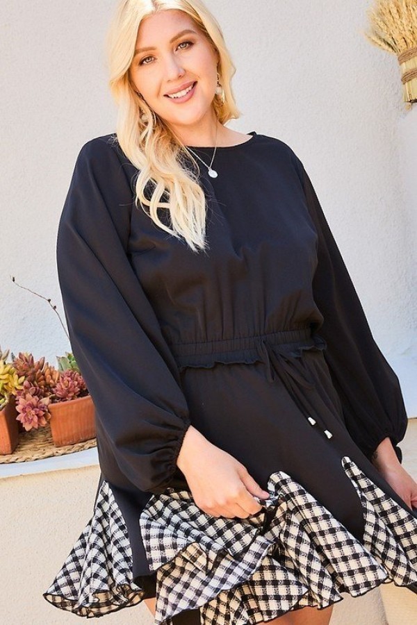 Plus Size Gingham Ruffle Romper with 3/4 Bubble Sleeves