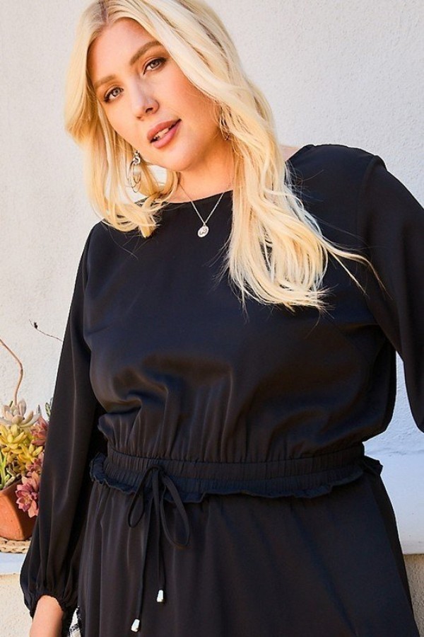 Plus Size Gingham Ruffle Romper with 3/4 Bubble Sleeves
