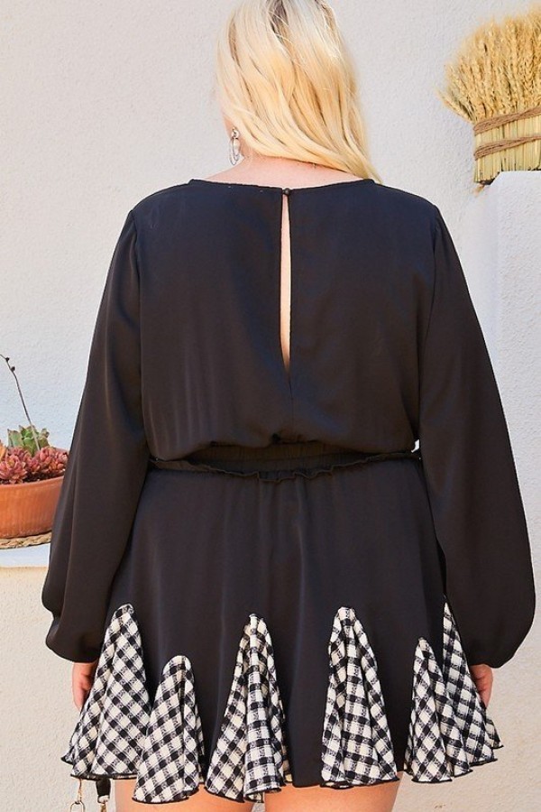 Plus Size Gingham Ruffle Romper with 3/4 Bubble Sleeves