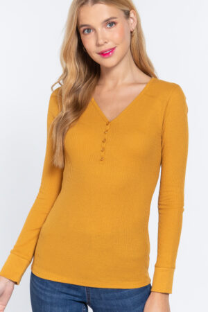 V-Neck Placket Thermal Top – Long Sleeve Deep Mustard