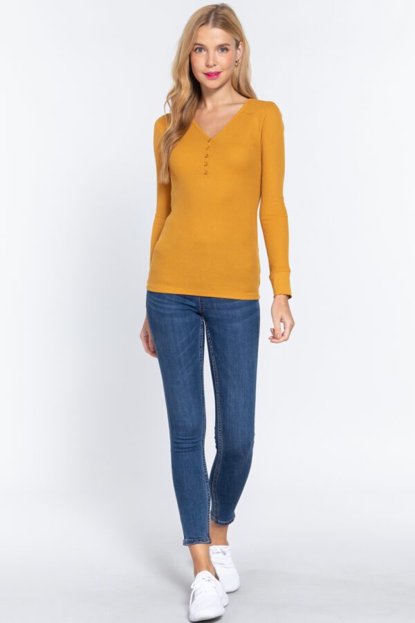 V-Neck Placket Thermal Top – Long Sleeve Deep Mustard