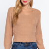 Long Puff-Sleeve V-Neck Rib Sweater – Khaki