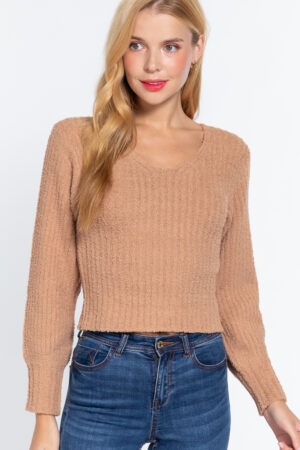 Long Puff-Sleeve V-Neck Rib Sweater – Khaki