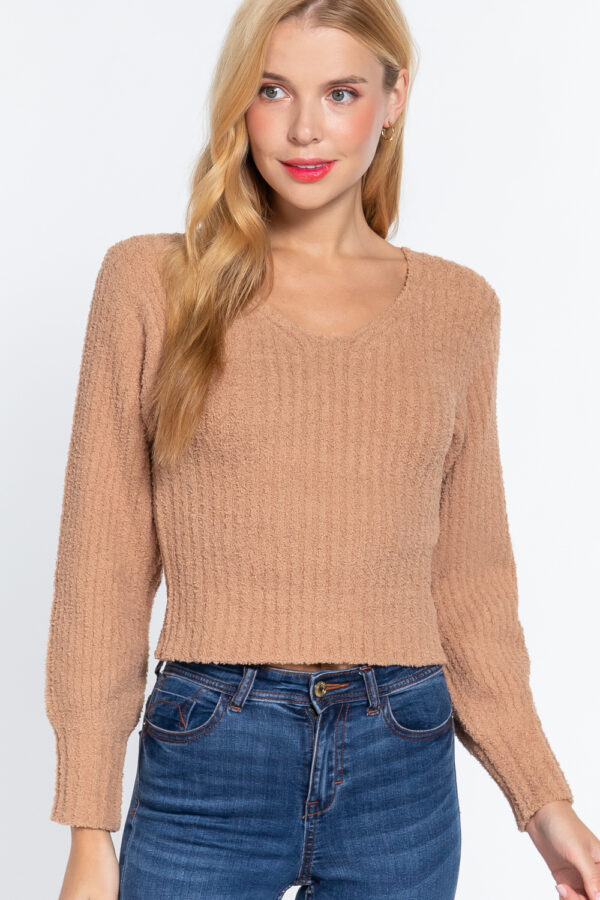 Long Puff-Sleeve V-Neck Rib Sweater – Khaki