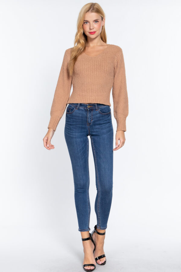 Long Puff-Sleeve V-Neck Rib Sweater – Khaki