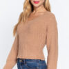 Long Puff-Sleeve V-Neck Rib Sweater – Khaki