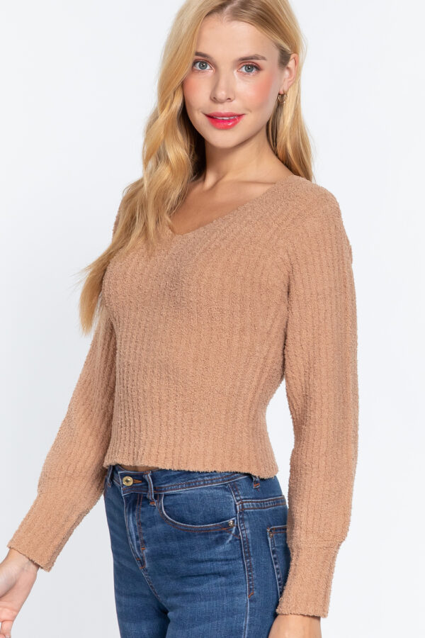 Long Puff-Sleeve V-Neck Rib Sweater – Khaki
