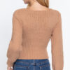 Long Puff-Sleeve V-Neck Rib Sweater – Khaki
