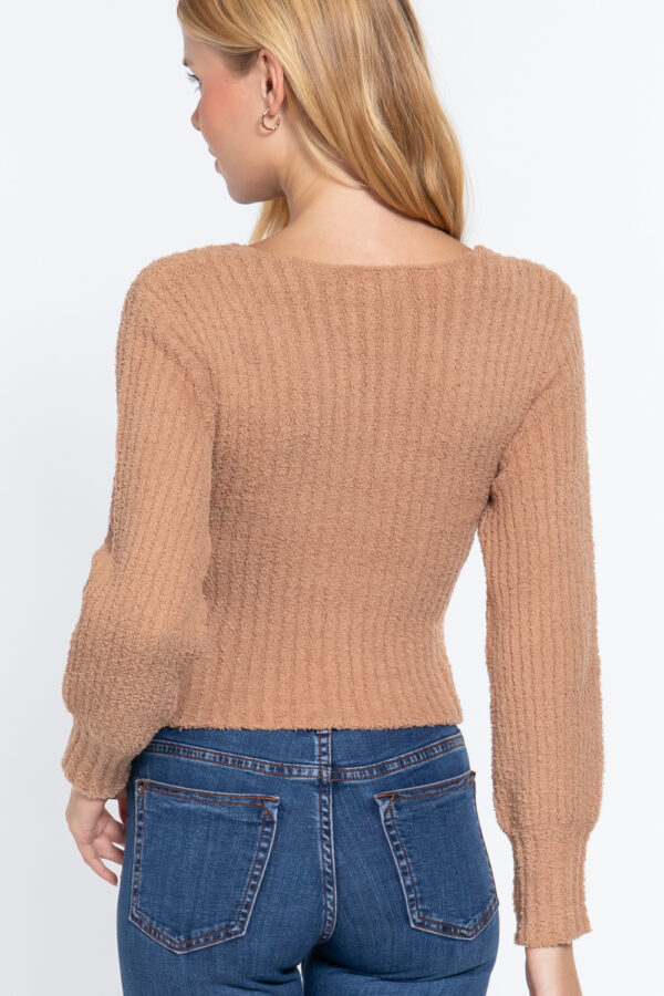 Long Puff-Sleeve V-Neck Rib Sweater – Khaki