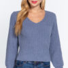 Long Puff-Sleeve V-Neck Rib Sweater – Vintage Blue