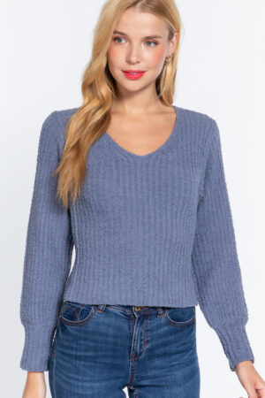 Long Puff-Sleeve V-Neck Rib Sweater – Vintage Blue