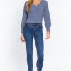 Long Puff-Sleeve V-Neck Rib Sweater – Vintage Blue