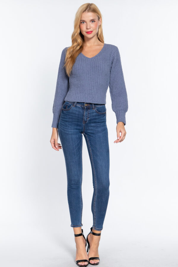 Long Puff-Sleeve V-Neck Rib Sweater – Vintage Blue