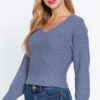 Long Puff-Sleeve V-Neck Rib Sweater – Vintage Blue