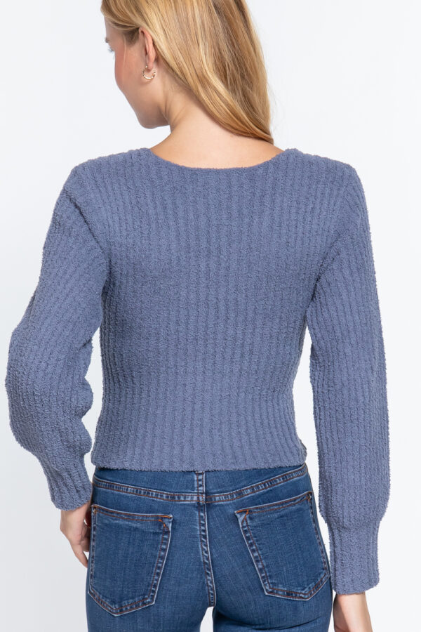 Long Puff-Sleeve V-Neck Rib Sweater – Vintage Blue