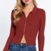 Notched Collar Zippered Knit Sweater – Brick