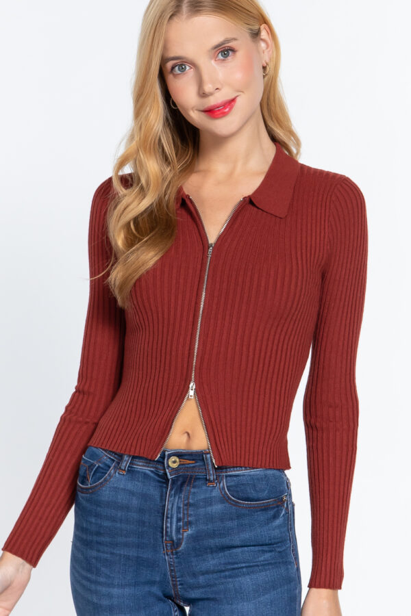 Notched Collar Zippered Knit Sweater – Brick