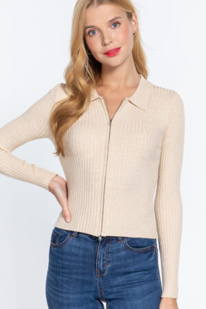 Notched Collar Zippered Sweater – Cream Beige