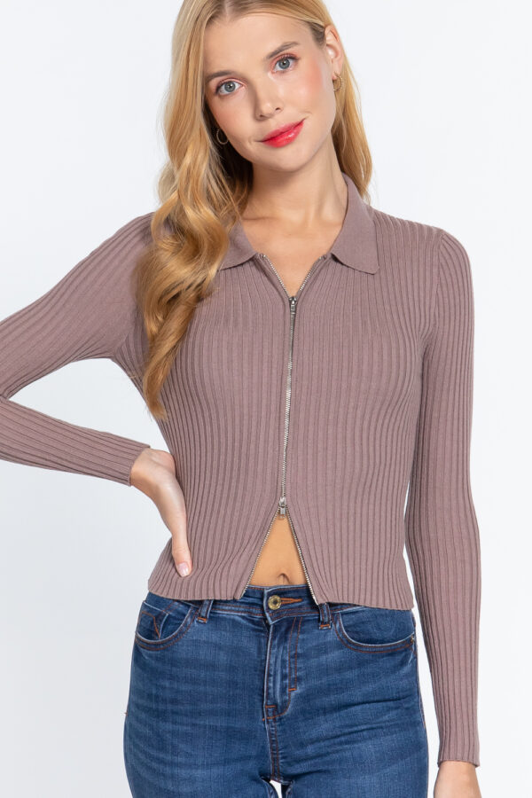Notched Collar Zippered Sweater – Dusk Mauve