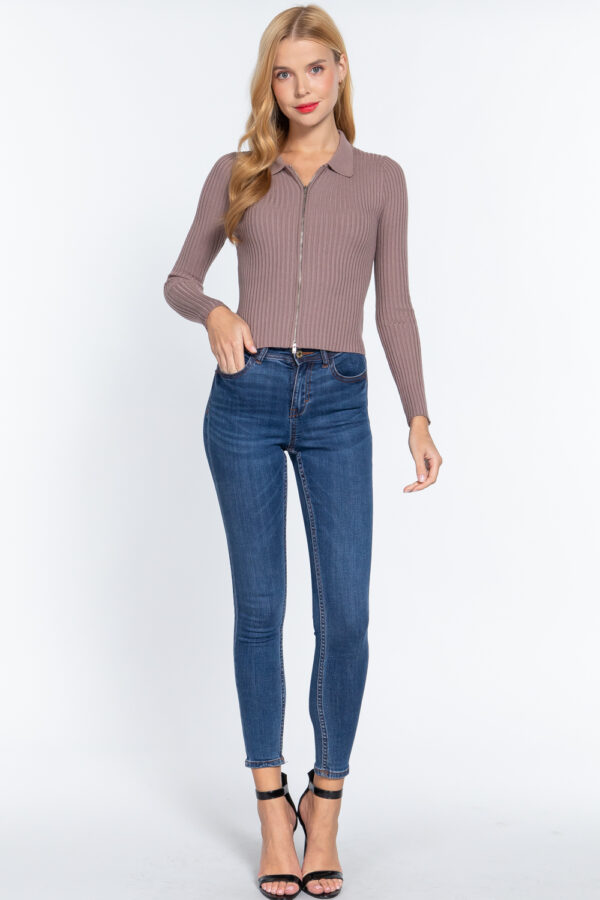 Notched Collar Zippered Sweater – Dusk Mauve